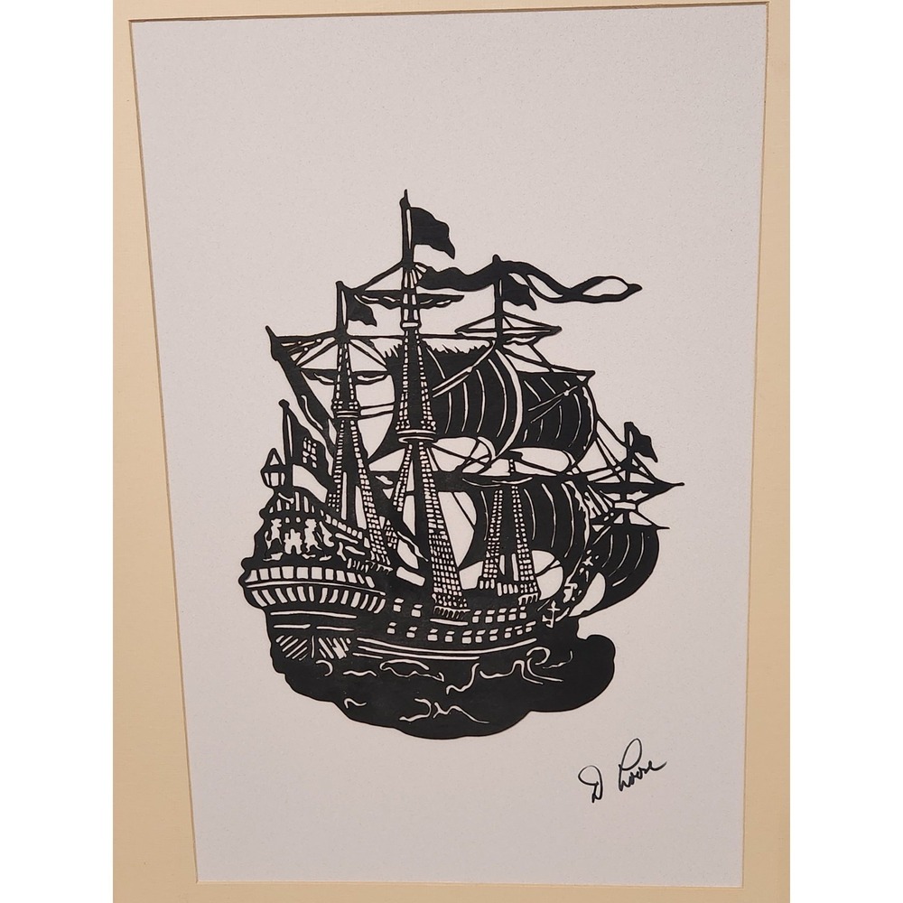 Handmade Intricate‎ Woodcut  Silouhette Pirate Ship Art Signed D. Loose 18x24"